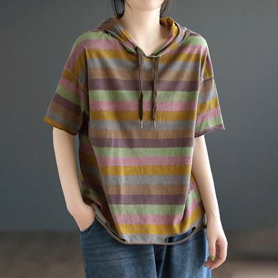 Футболка для женщин, летняя, большого размера, хлопковая футболка, мягкая, свободная, в полоску, повседневная, удобная, пуловер, футболка, топ