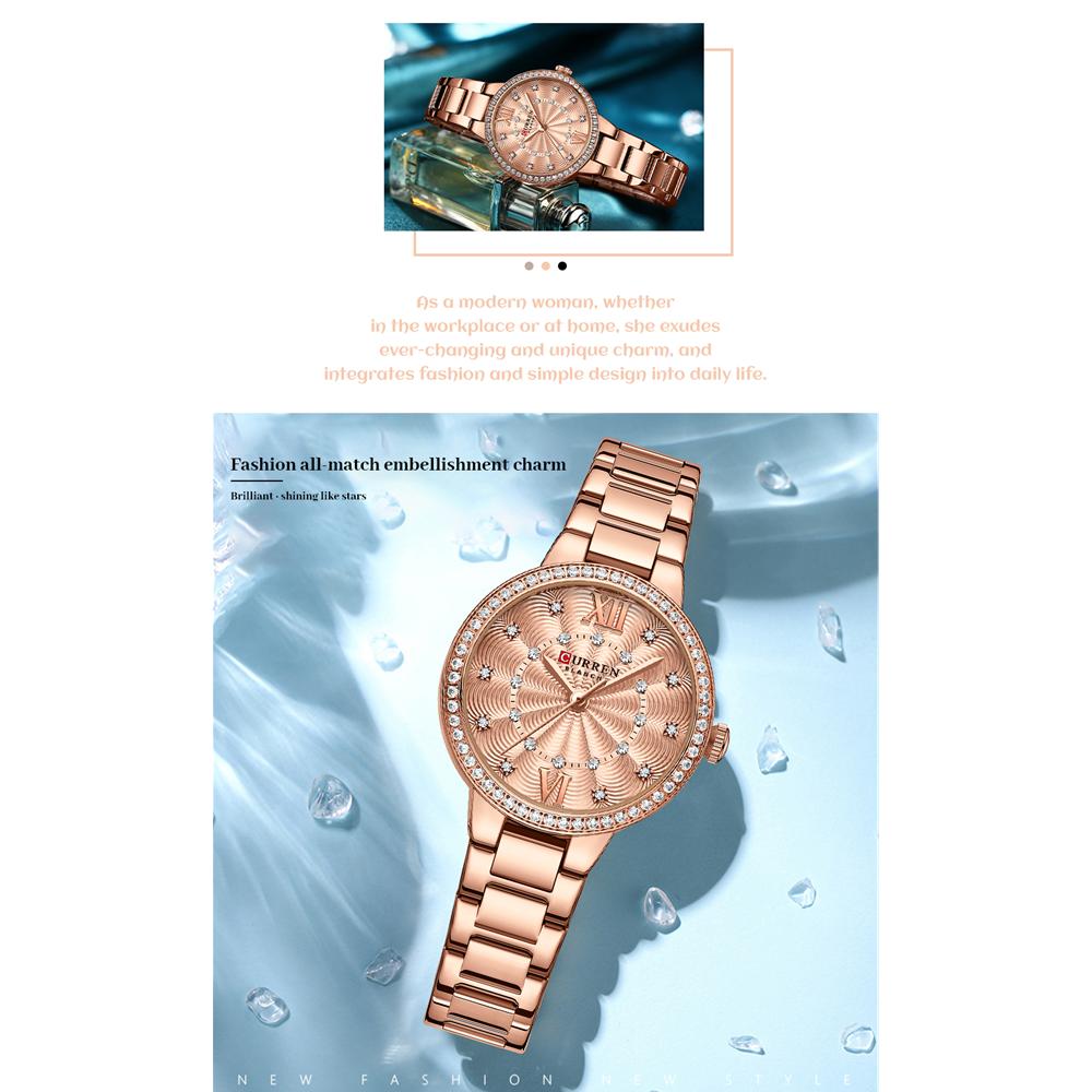 CURREN Кварцевые наручные часы для женщин, роскошные модные часы со стразами и розовым циферблатом, новинка с ремешком из нержавеющей стали