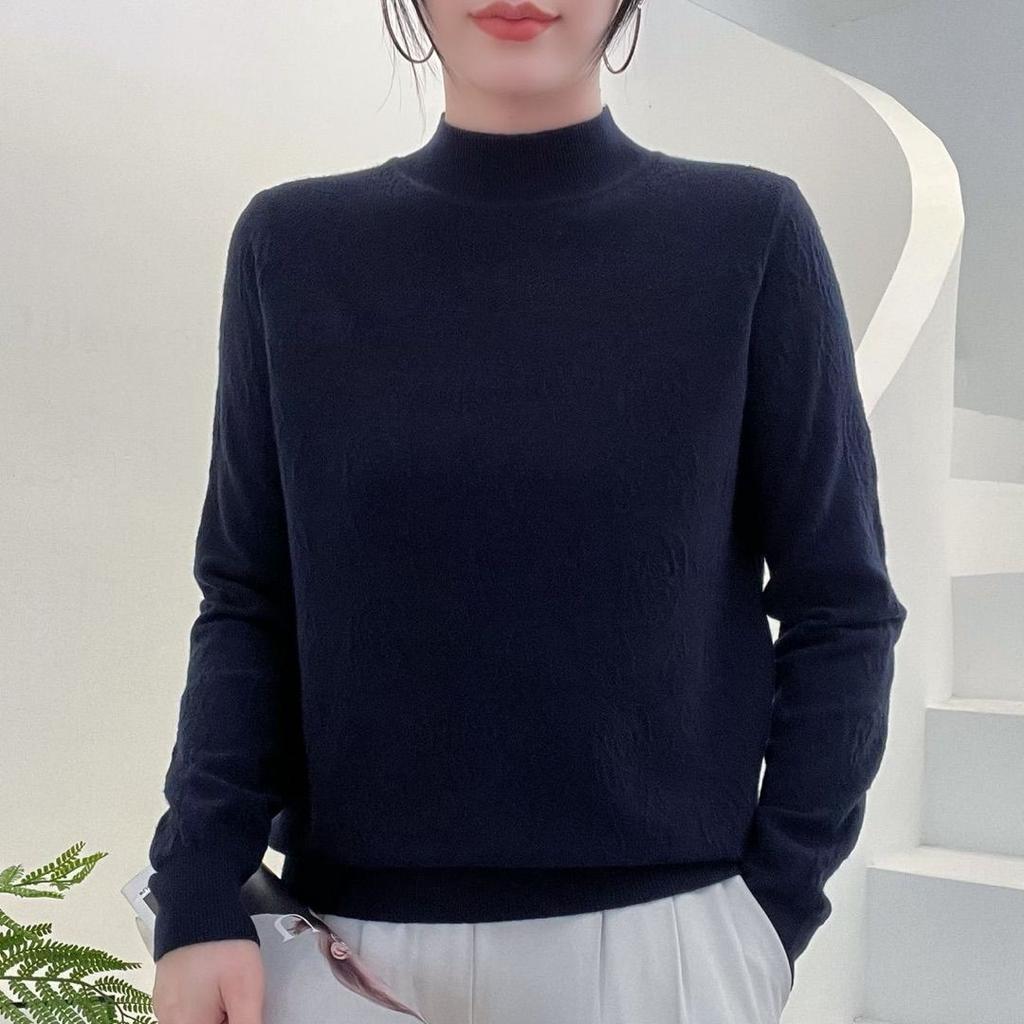 Осенне-зимний женский кружевной свитер с полувысоким воротником, свободный вязаный пуловер с резным узором, однотонный вязаный топ