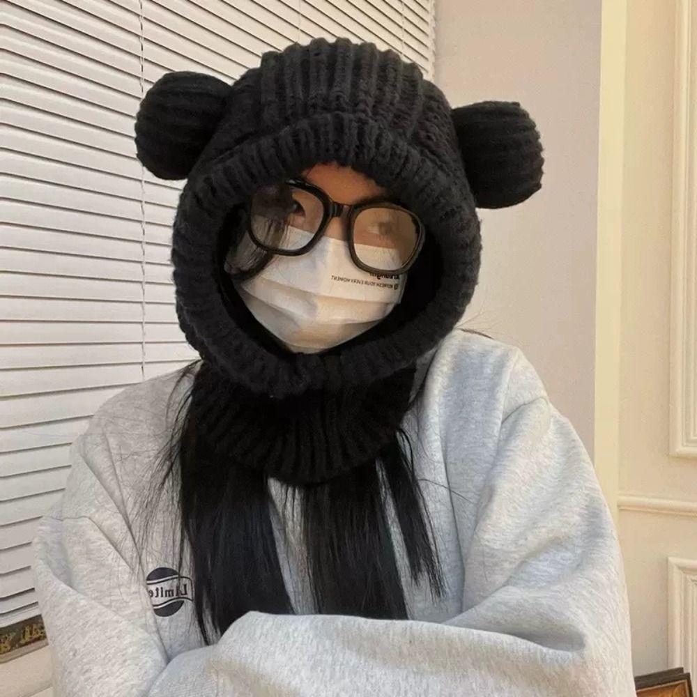 Korean Style Knit Hooded Beanie Hat Solid Color Winter Pullover Helmet Cap Women