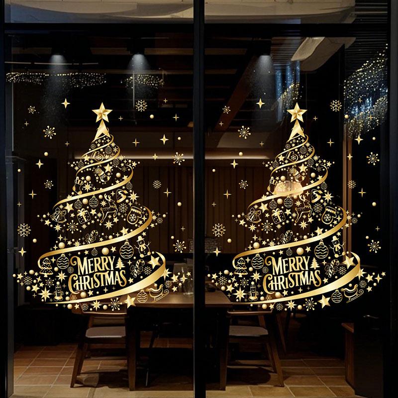 Christmas Sticker Gold PVC Double-sided Printed Static Window Sticker Christmas Decorations Atmosphere Glass Sticker New Year