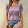 Women's Fashion Striped Printed Top Puff Short Sleeve V-neck T-shirt Loose Casual T-shirt