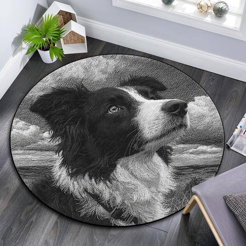 Border Collie Round Area Rug,Carpet Rug for Living Room Bedroom Sofa Playroom Decor,Non-slip Floor Mat