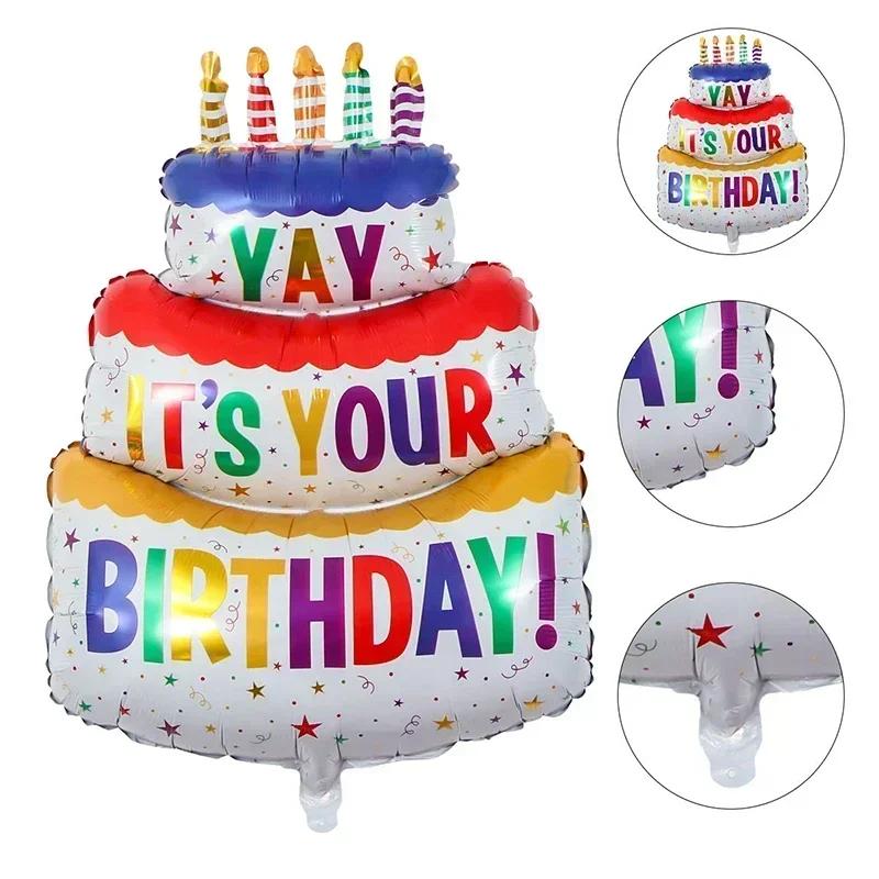 3-Layer Large Cake Balloons Happy Birthday Cartoon Bear Cake Foil Balloons for Kids Birthday Party Decoration Props Ballon Toys