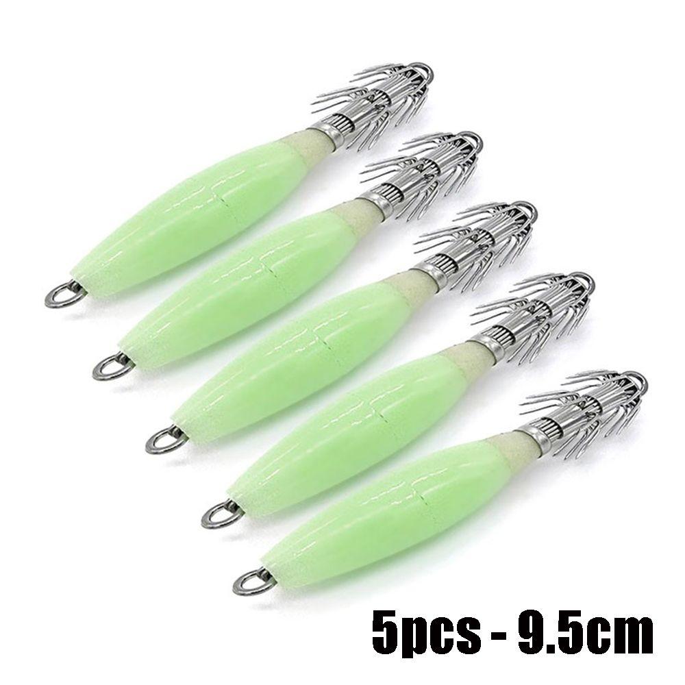 1/5PCS Noctilucent Jigs Luminous Squid Hook Wood Shrimp Lures Fishing Tackle Octopus Bait