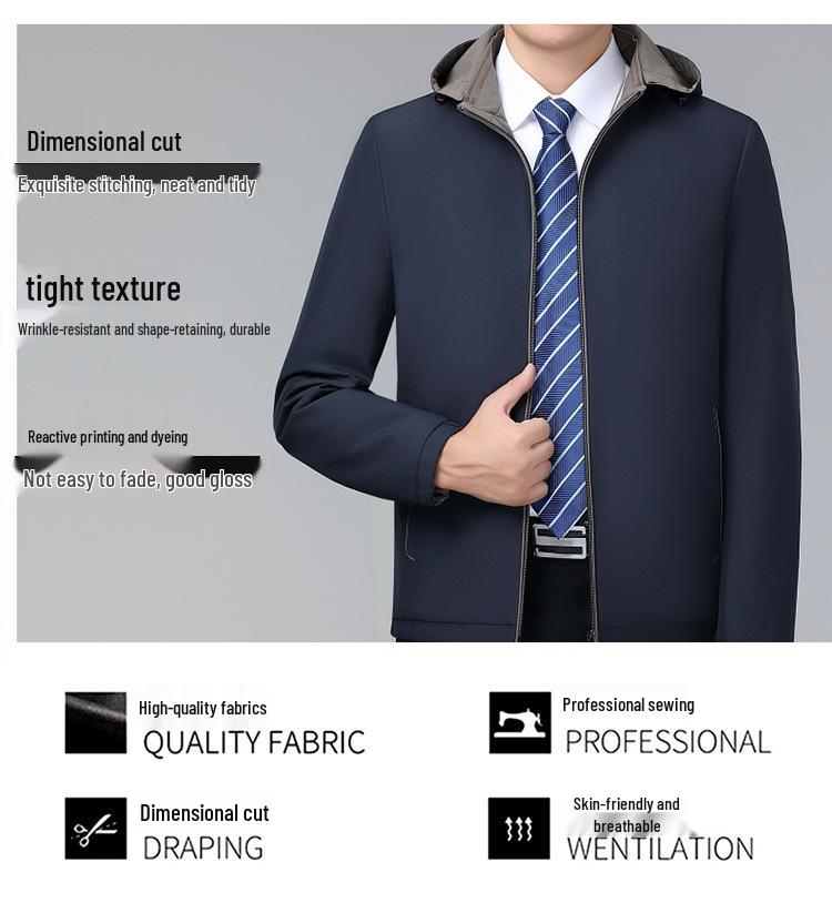 Мужская двусторонняя куртка с капюшоном 2026 - Весна/Осень, Business Casual, Большой размер, Для среднего возраста