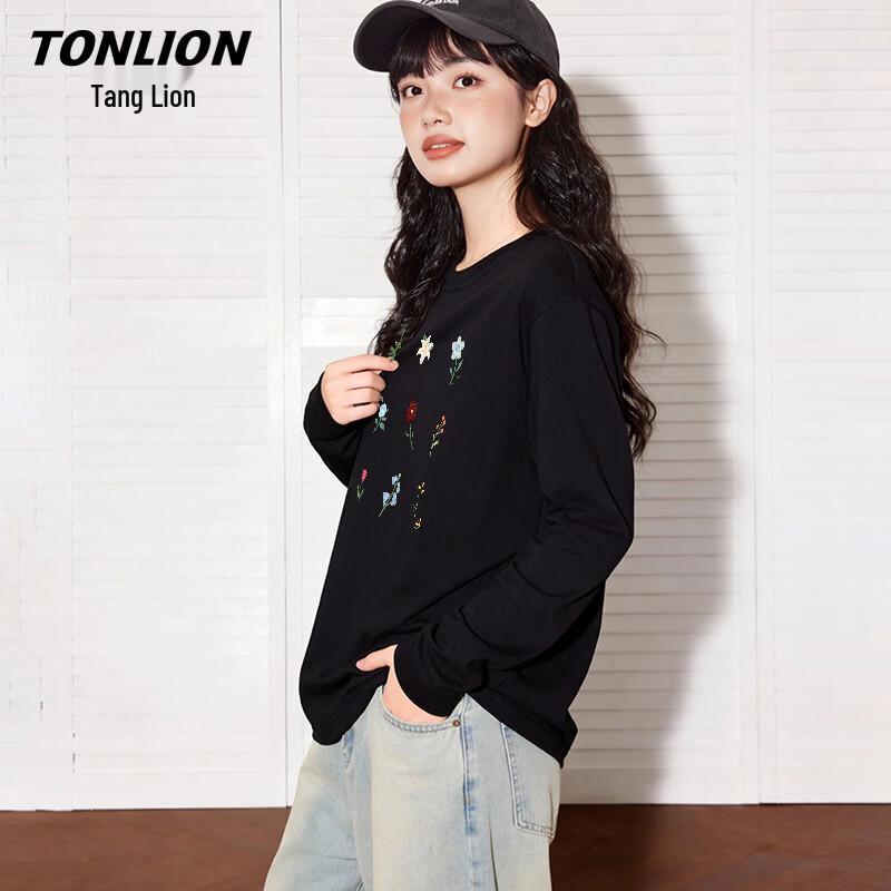 Женская футболка TonLion свободного кроя, из чистого хлопка, с цветочной вышивкой, с длинным рукавом