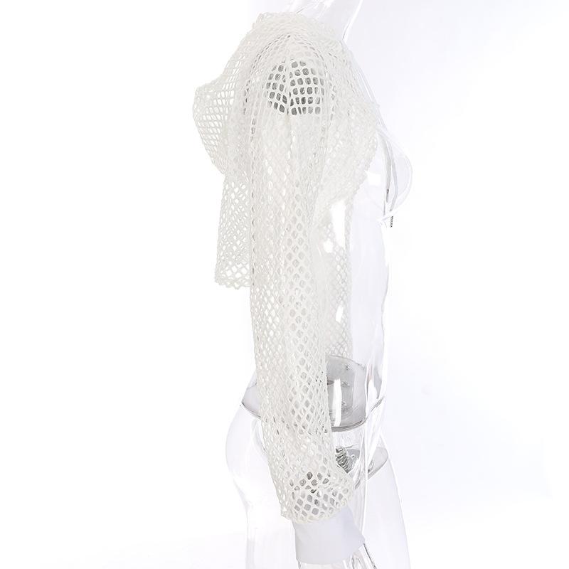 Женская мода сексуальный сетчатый ажурный короткий сетчатый халат с капюшоном