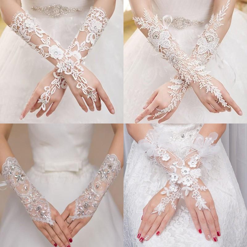 Bridal Princess Flower Rhinestone Wedding Accessories Korean Style Fingerless Long Lace Wedding Gloves for Brides