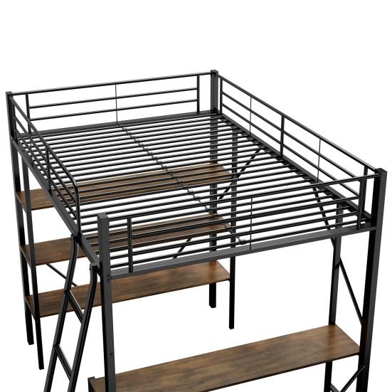 Metal Bed Strong Carrying Capacity with Computer Desk Storage Shelves Ladder Iron Frame Children Bunk Fall Protection Grilles Home Furniture Loft