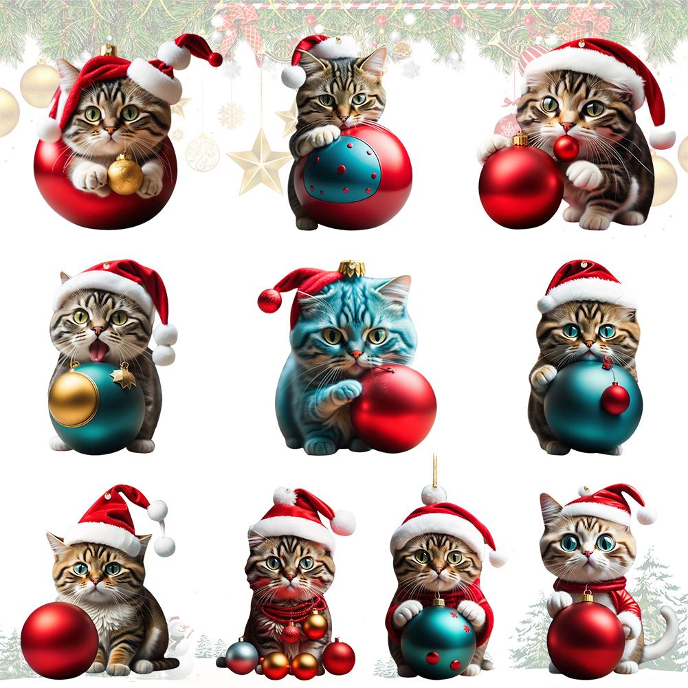 10pcs/set Christmas Tree Cat Ornament Super Cute 10 Cat Acrylic Hat Holiday Car Style Gift Orna U8L5
