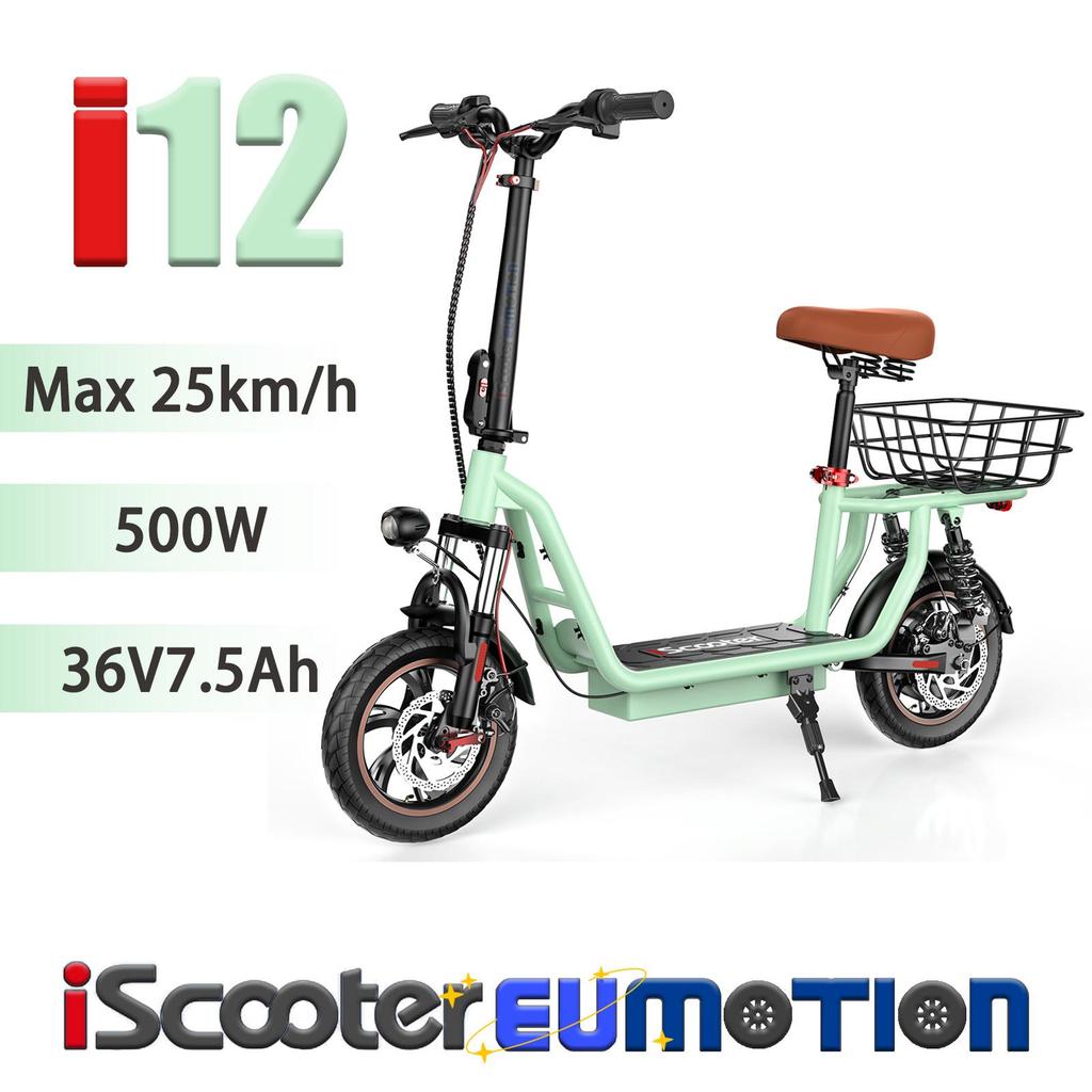 iScooter I12 Folding Electric Scooter 36V7.5Ah Battery, 500W Motor, Seat, Rear Basket, Disc Brakes, 12" Tires Green Foldable City Scooter