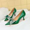 Women Green Pointed Toe Pumps Wedding Middle Low Kitten Heels Fashion Bling Crystal Rhinestone Party Bow Single Shoes
