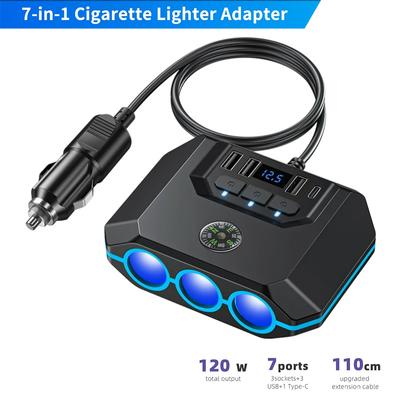 12-24 В автомобильный прикуриватель разветвитель адаптер 120 Вт авто 3 USB PD розетка питания со светодиодом ВКЛ/ВЫКЛ напряжение с компасом автомобильное зарядное устройство