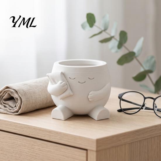 Small Indoor Herb Pot 3D Printed Cute Character Succulent Planter, Sleepy Face Flower with Cactus Container Pillow, Mini Desktop Plant for Office,