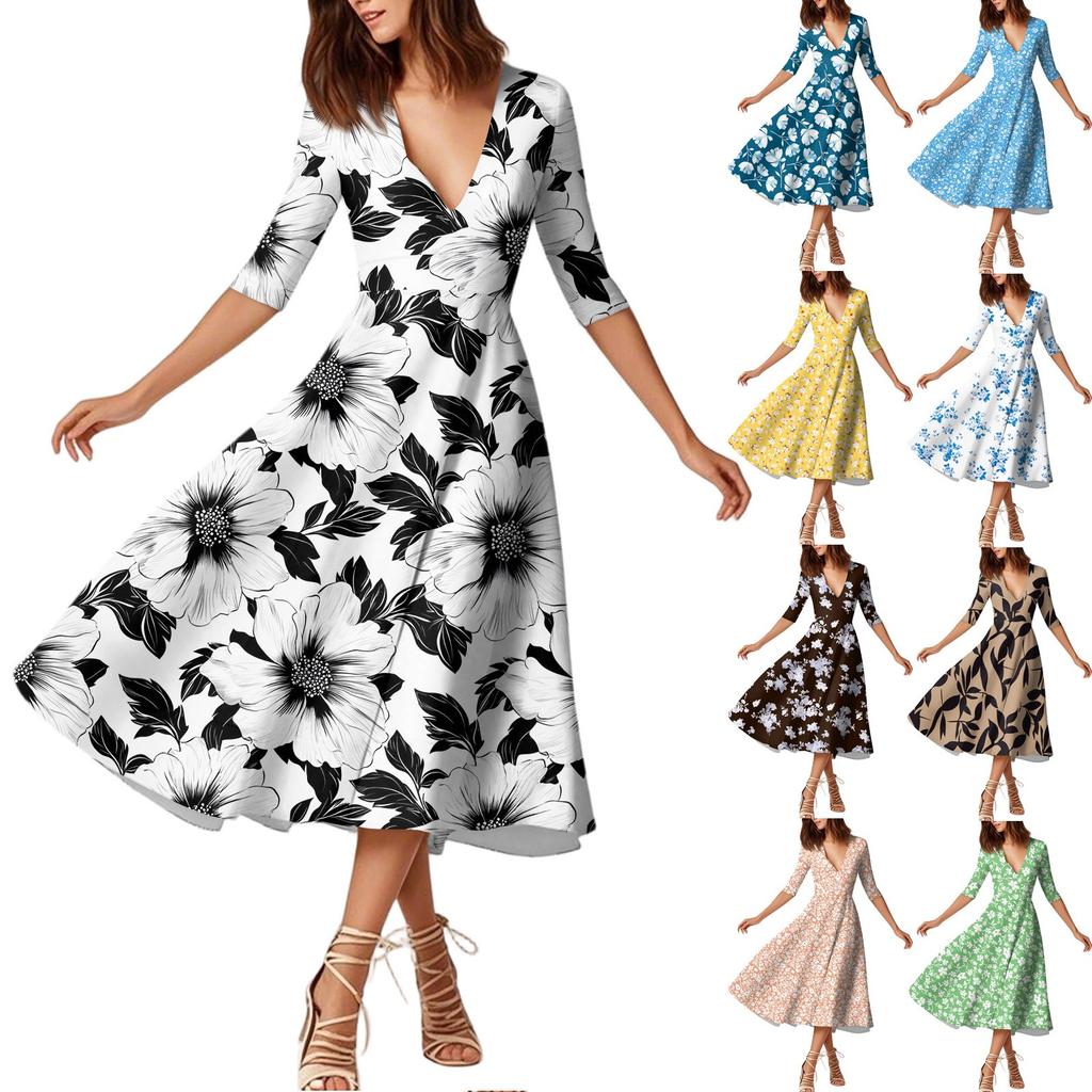 Модное платье средней длины с рукавами средней длины, цветочным принтом и сексуальным V-образным вырезом