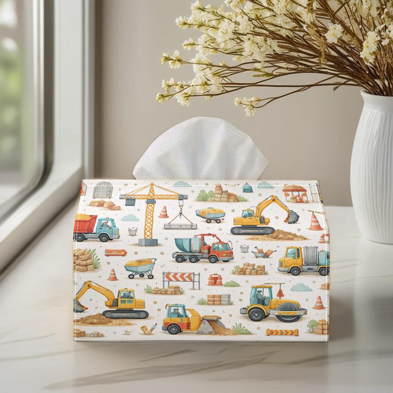 1pc 2D Flat, Construction Vehicle Theme Cartoon Style Birthday Party Tissue Box Suitable for Kitchen, Dining Table, Great Gift