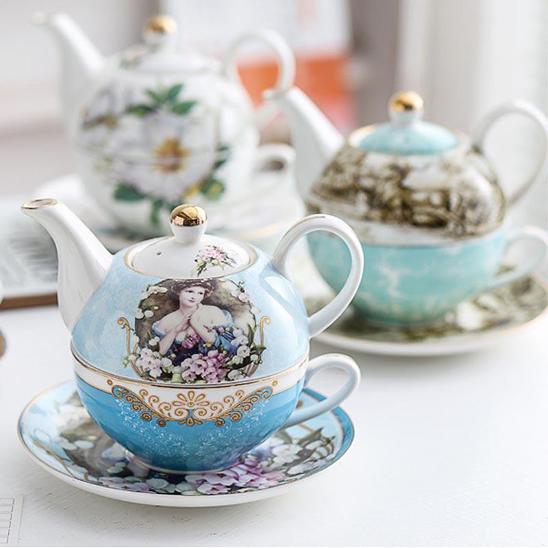 BORREY Bone China Чайный горшок Набор Цветочный чайник Керамическая чашка Офисная кофейная чашка Кружка Послеобеденный чайный сервиз в британском стиле Набор из 4 предметов