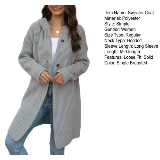 Женский осенне-зимний кардиган с капюшоном и длинными рукавами, пальто свободного кроя, однобортный однобортный свитер средней длины, верхняя одежда