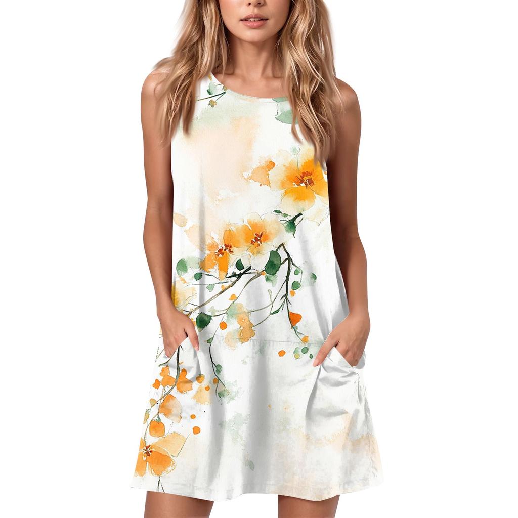 Женское летнее повседневное платье с круглым вырезом и принтом, платье без рукавов с карманами