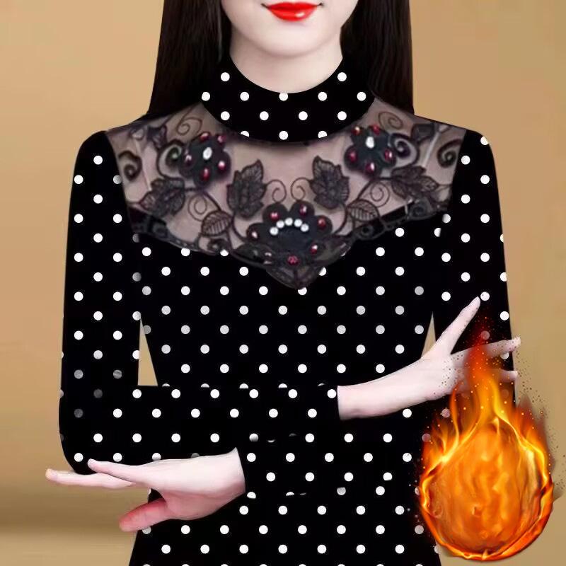 Новая интегрированная бархатная рубашка большого размера для мам среднего возраста с кружевом и утолщенной основой для женской футболки с бисером