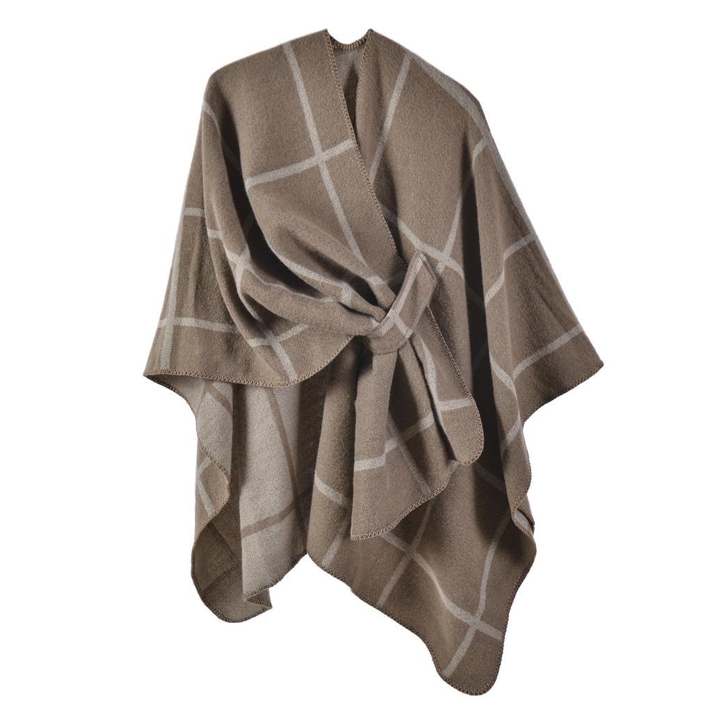 New Autumn and Winter Split-ended Warm Shawl European and American Classic Plaid Cloak with Straps and Cardigan
