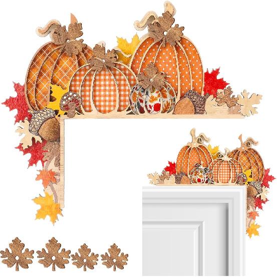 Fall Pumpkin Door Topper 10 x 10 Autumn Door Frame Corner Decor Thanksgiving Wood Pumpkin Signs Wall Decor for Kitchen Cabinet Window Corner Home