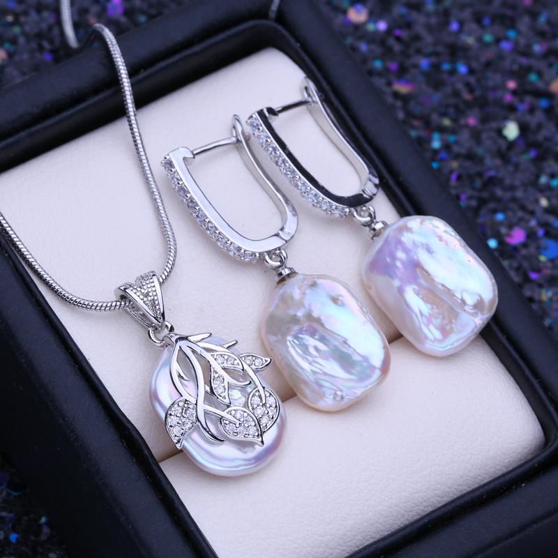 LSOOYH Natural Freshwater Big Baroque Pearl Necklace Square Pendant Fashion Drop Earrings For Women Pearl Jewelry Sets