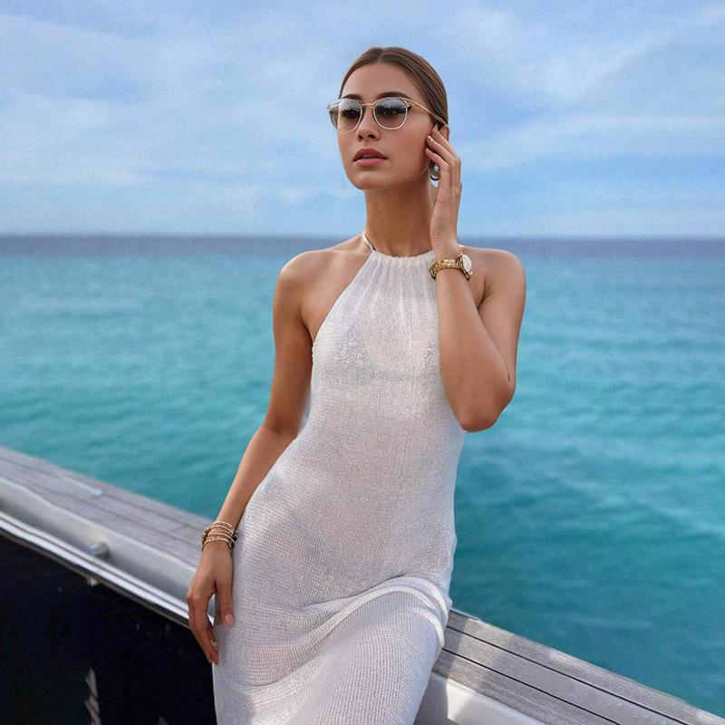 2025 Трикотажное пляжное сексуальное прозрачное облегающее платье с длинным разрезом, летняя бикини-пляжная элегантная пляжная юбка с халтер-воротником