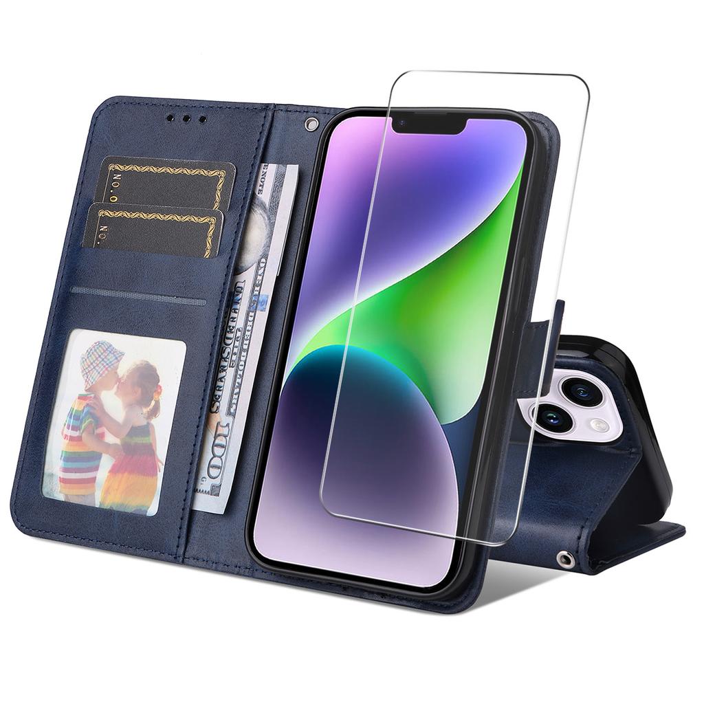 For iPhone 15 Plus PU Leather Wallet Case Phone Stand Cover with Tempered Glass