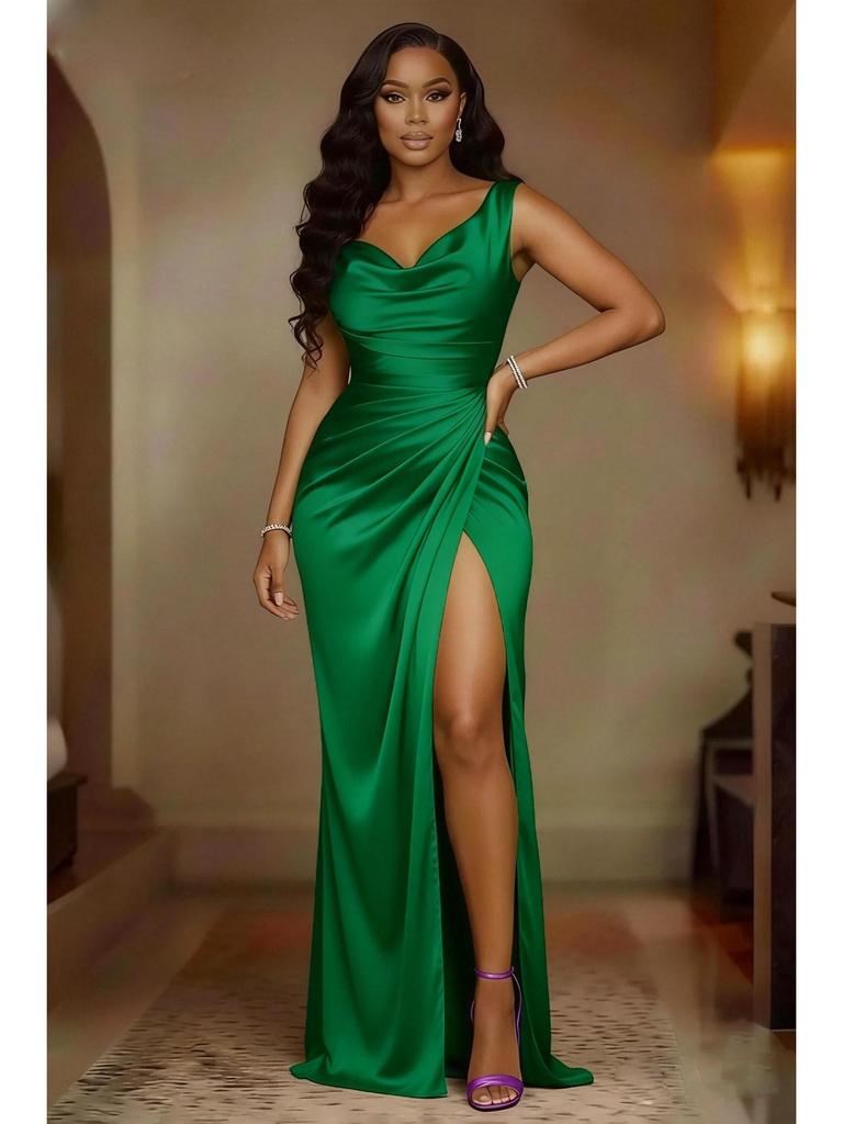 Элегантное вечернее платье без рукавов с разрезом по подолу, стройнящее