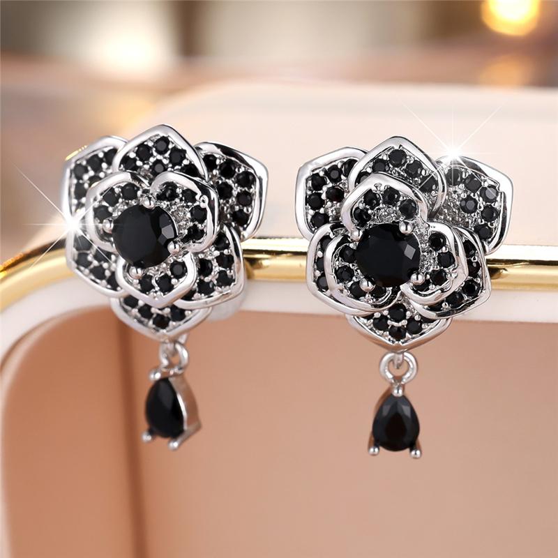 Очаровательные женские серьги с черными цветами и кубическим цирконием, свадебные серьги с каплями воды для женщин, роскошные винтажные серьги-гвоздики с маленькими камнями