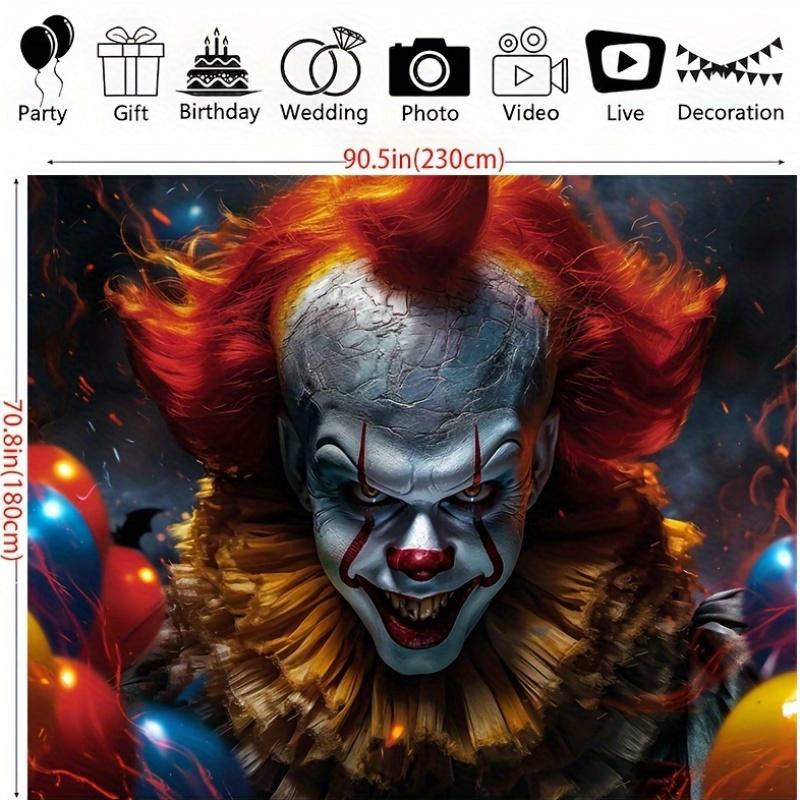 A 2D flat Halloween polyester background cloth with a terrifying and evil clown pattern  suitable for Halloween