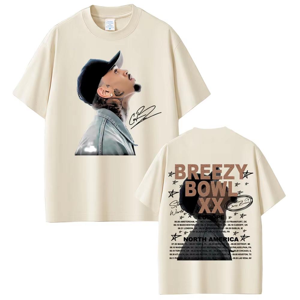 Vintage Washed Chris Brown Breezy Bowl XX Tour 2025 R&B Pop Graphic T-shirt Men Women Printed Tee Summer Casual Fashion Clothing Tops Streetwear