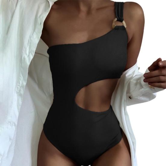 Stylish Women Swimsuit Padded Off Shoulders Bodysuit Pure Color Openwork Bikini Beachwear