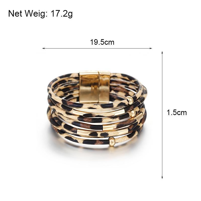 Vintage Metal Tube Leopard Leather Bracelet for Women Men Boho Multilayer Wrap Wide Bracelets & Bangles Charm Jewelry