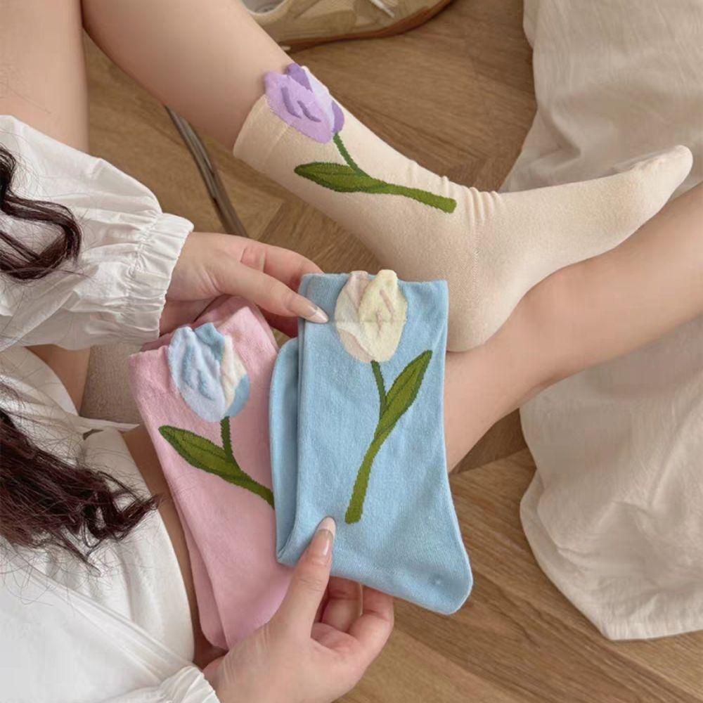 5Pairs Breathable Mid Tube Socks Thin Socks for Women Cute Tulip Flower Socks  Lady