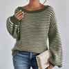 Women's Fall/Winter Loose One-line Shoulder Off-the-shoulder Knit Vintage Lantern Sleeve Striped Sweater