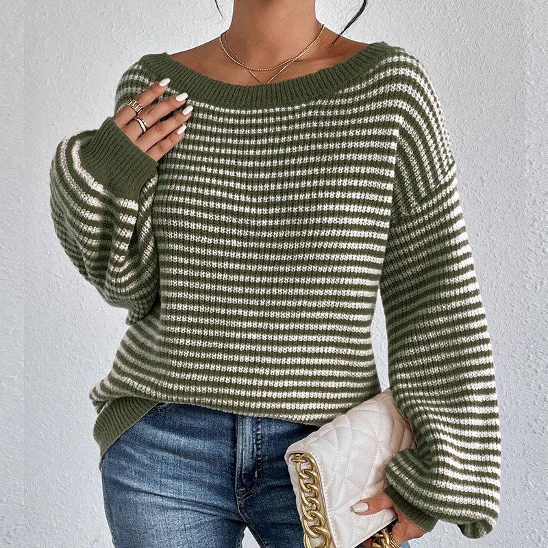 Women's Fall/Winter Loose One-line Shoulder Off-the-shoulder Knit Vintage Lantern Sleeve Striped Sweater