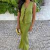 Women Casual Sleeveless Party 2Pcs Suits Cotton Linen Solid Color Slim Skirt Outifts Sexy V-neck Tie-up Hollow Out Top & Long Skirt Set