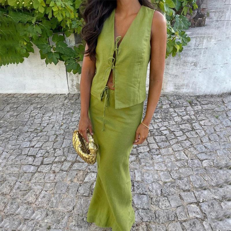 Women Casual Sleeveless Party 2Pcs Suits Cotton Linen Solid Color Slim Skirt Outifts Sexy V-neck Tie-up Hollow Out Top & Long Skirt Set