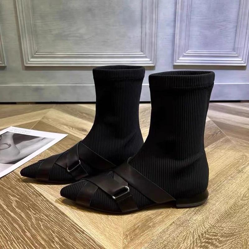 Fashion Pointed Toe Women Mid Calf Chelsea Boots Flats Shoes 2024 Winter Designer New Walking Shoes Sexy Fashion Dress Mujer Zapatos