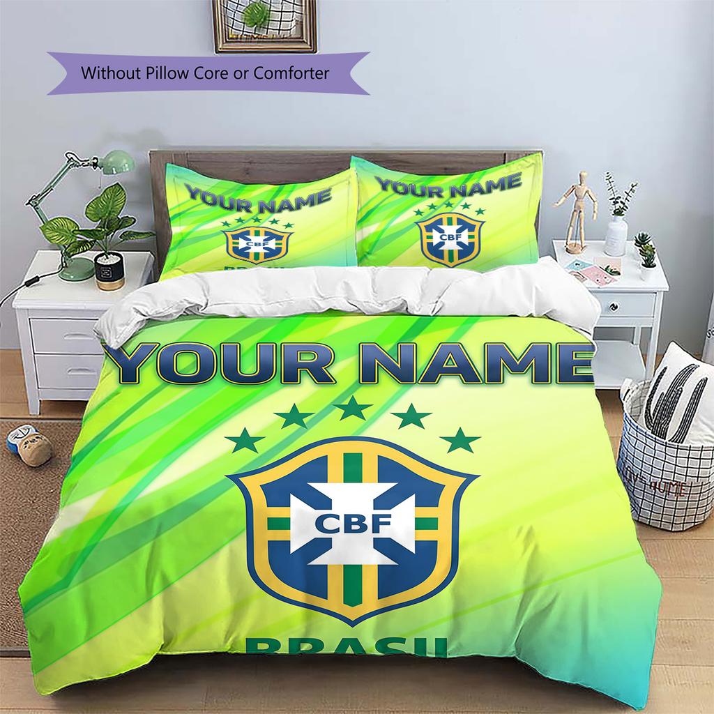 Custom Name Brazil Football Confederation Pattern Bedding Quilt Set Home Decoration Gift (1 * duvet cover + 2 * pillowcase without core)