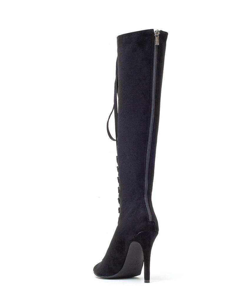 Ssimeez Suede Lace-Up Open-Toe Heel Boots (Black)