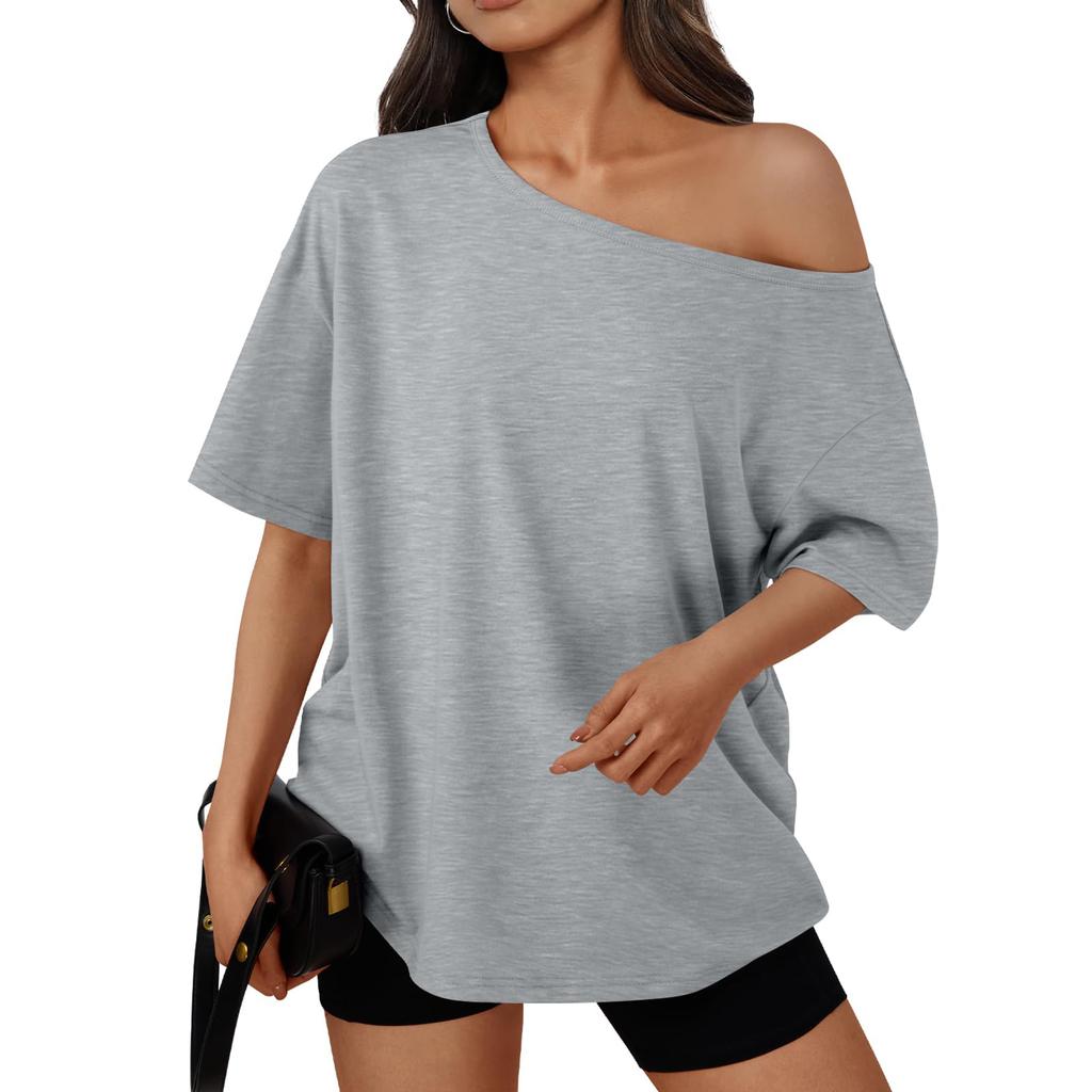 Женская модная футболка с открытыми плечами, однотонная, свободного кроя, с короткими рукавами