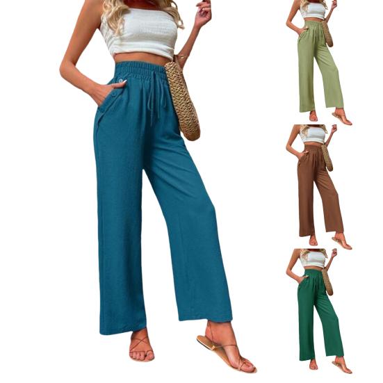 Женские повседневные брюки, эластичные длинные брюки с высокой талией на шнурке, прямые широкие брюки, однотонные тонкие летние брюки, уличная одежда