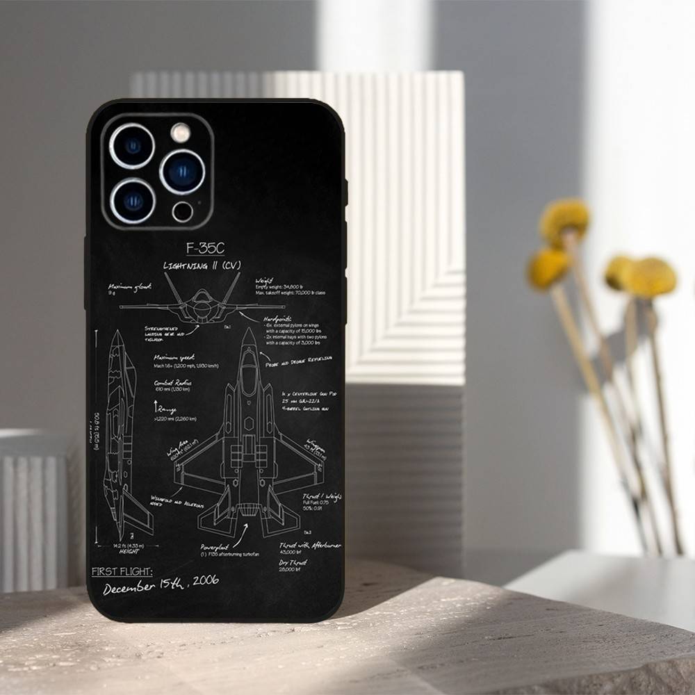 Blueprints Art Aircraft For iPhone 12,14,13,15,8,7,16,11,17,X,Mini,Plus,Pro,XR,SE,XS,Max,Soft Silicone Black Case