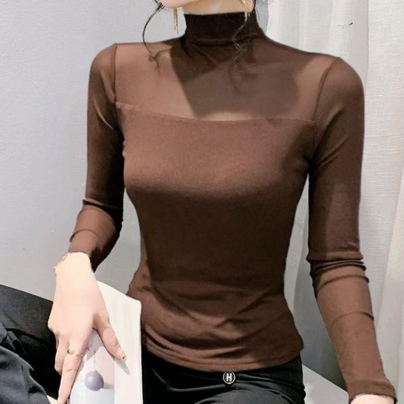Half High Neck Autumn and Winter Plus Velvet Mesh Top Women's Long Sleeved Lace Inner Bottom Shirt Slim Fit T-shirt
