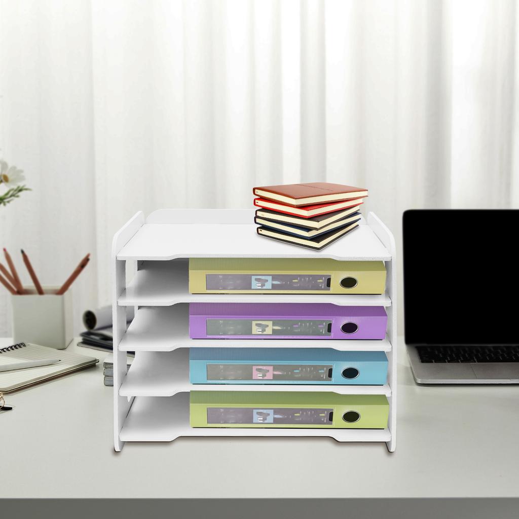 5-Tier Letter Tray Organizer, Desktop File Document Holder, PVC Wood Plastic Storage Rack for Office Desk Supplies Organization