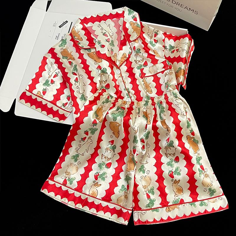 Летняя новая женская милая атласная шелковая пижама с цветочным принтом, короткий рукав + брюки, женская милая домашняя одежда, повседневная одежда